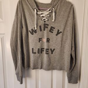 Cherish Heather Gray Lace-Up Hoodie with Wifey Print